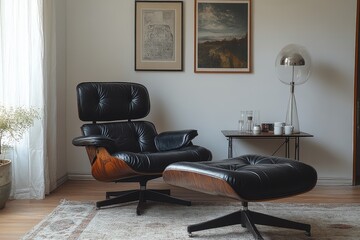 Modern minimalist living room with black leather sofa, armchair, white walls, small pictures, end table with coffee mugs, glass lamp, and large painting as background.