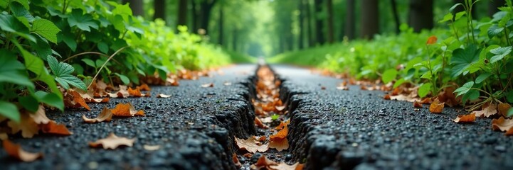 Overgrown road surface with tree roots breaking up asphalt, weathered pavement, forest floor details