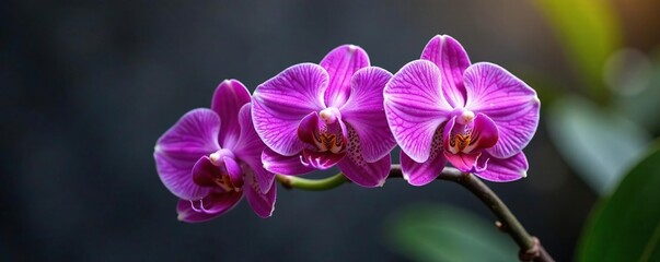 Naklejka premium Ornate purple orchids sprout from the top of an orchid branch, ornaments, nature