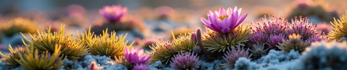 Permafrost ground with purple saxifrage plant, cold climate, Arctic plants, Arctic flowers