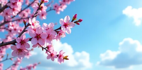 Pink sakura branch against a blue sky with clouds, cloud formations, serene atmosphere