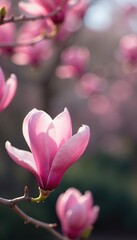 Fototapeta premium Pink magnolia flowers on a branch in the lower left corner, pink magnolias, early spring