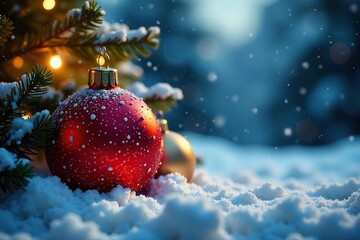Red and gold ornaments shine on a snowy night scene, shining, festive decoration