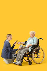 Senior woman in wheelchair with nurse measuring blood pressure on yellow background