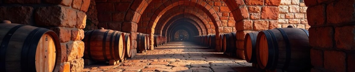 Obraz premium Richly colored wine barrels lining ancient stone walls, arches, rich