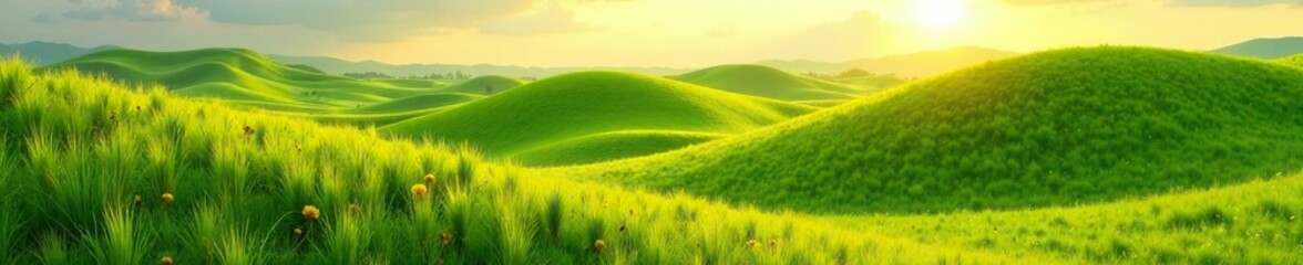 Fototapeta premium Rolling hills of swaying grasses in a warm sunlit meadow, nature landscape, lush green, gentle breeze