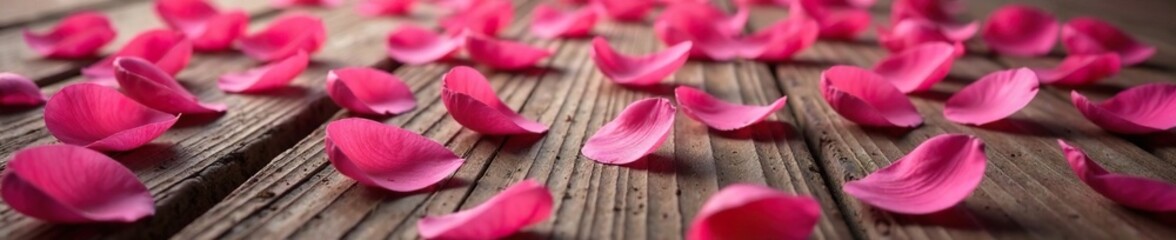 Rose petals in pink hues scattered on a rustic wooden floor, woodgrain, petal
