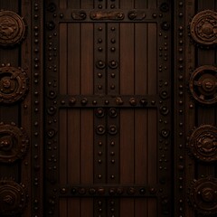 Ancient Wooden Door with Ornate Metal Accents and Gears