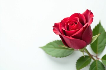 Single red rose with some green leaves on a white background, petal, foliage, single bloom