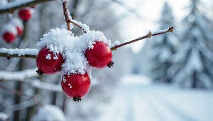 Snow-covered rowan berries against a white winter sky, , forest, rowan