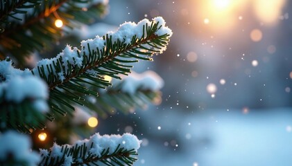 Snowflakes float in mid-air around a Christmas tree branch, suspended by delicate threads of light and color, winter scene,, colorful