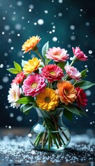 Snowflakes gently fall on a stunning bouquet of colorful flowers in the air, cold weather decoration, frosty flowers