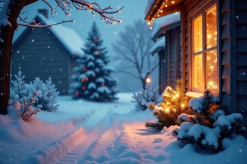 Snowy morning scene with frosty windowpane and festive lights, magical, peaceful