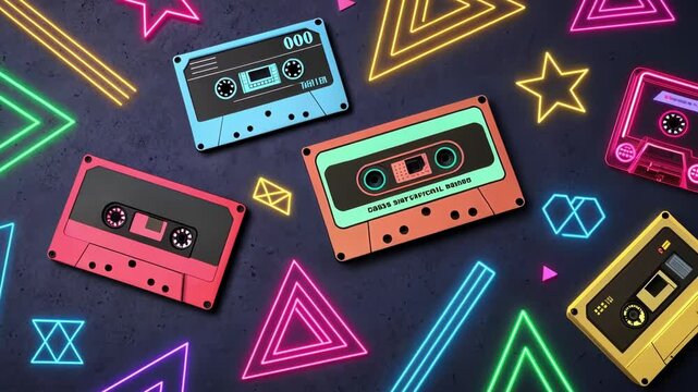80s Neon Vibes Bright neon stickers shaped like geometric patterns and cassette tapes ter across the frame capturing the bold electric flair of the 1980s pop culture.