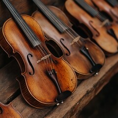 Fototapeta premium Antique Violins Resting on Wooden Surface