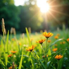 Obraz premium Sunlight filtering through wildflowers creating a dappled effect on the grass, grass, sunlight