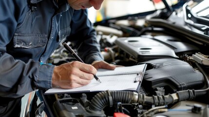 Mechanic Inspecting Car Engine and Writing Notes
