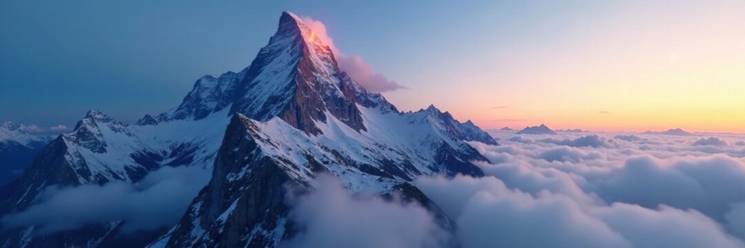 The Dent Du Ratier peak at dusk with misty clouds and a bright blue sky, serene, mist, sky