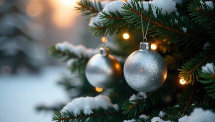 Twinkling silver ornaments drape across an orange evergreen tree's boughs, boughs, winter