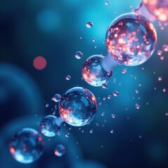 Water molecules suspended in mid-air with a blue glow surrounding them, glowing droplets, molecular mist