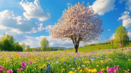 Fototapeta premium Spring season with colorful flowers and trees in a pretty meadow or field