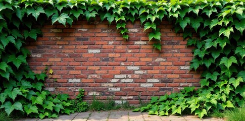 Weathered brick wall with overgrown ivy vines and dense foliage, outdoor landscape, aging brick