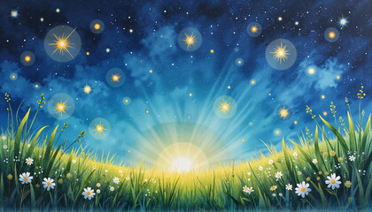 Fototapeta premium Sunrise over grassy field with daisies under a starry sky