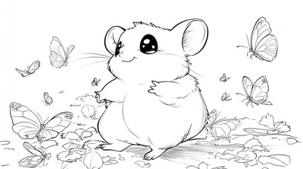 Fototapeta premium Fluffy Hamster Playfully Chasing Butterflies - Children's Coloring Book Page