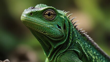 Fototapeta premium Close-up of a vibrant green lizard with intricate scales, looking upward.