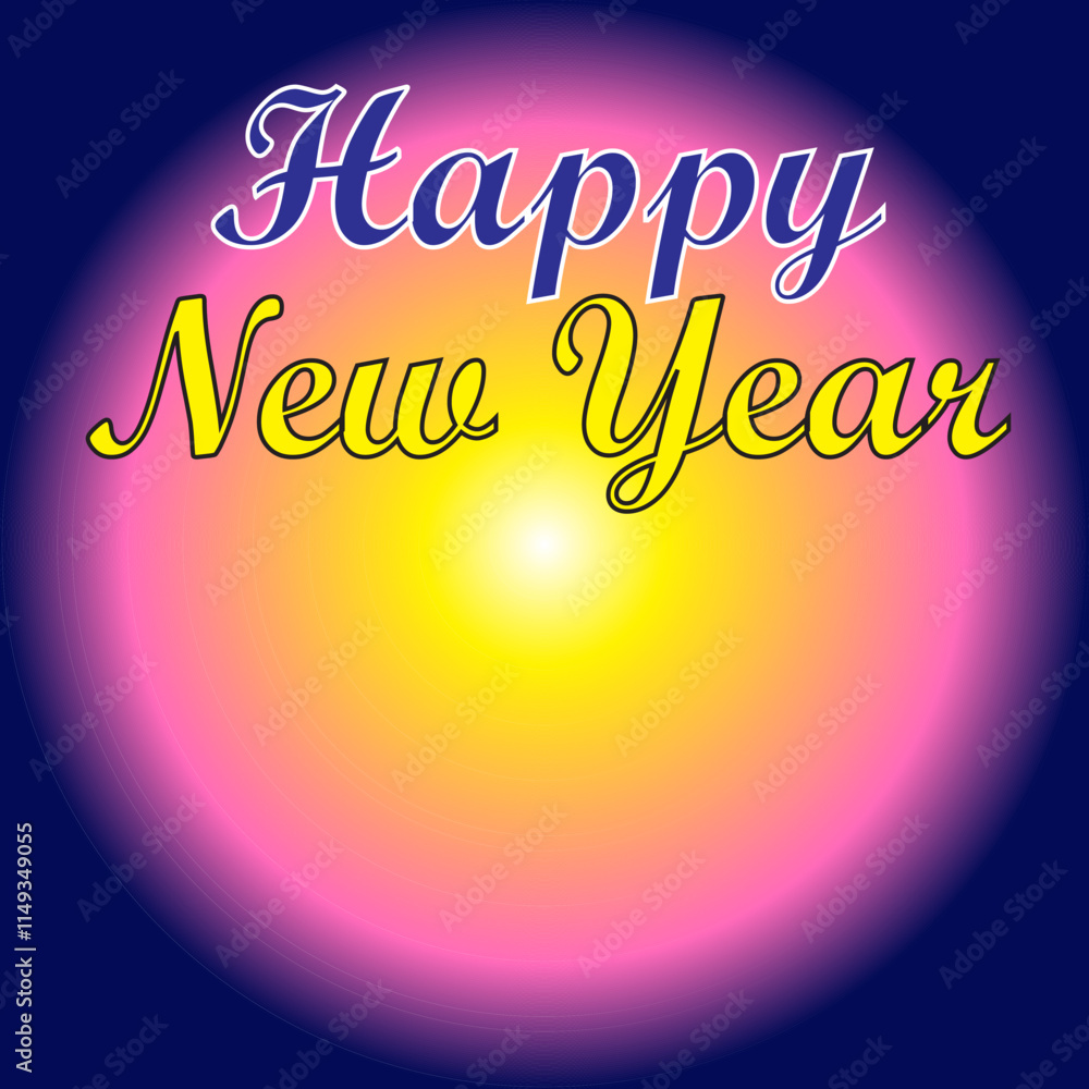 Poster blue pink yellow radial abstract background with happy new year text in square format