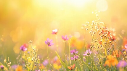 Fototapeta premium spring wild flowers in sunlight - abstract springtime background