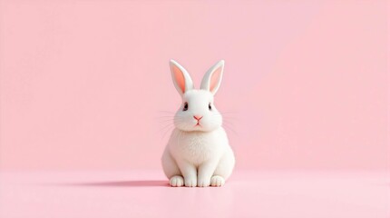 Obraz premium A small, white rabbit sits centered against a soft pink background. minimalist pastel colors. ideal for Easter, spring, baby animals and cute animal themes
