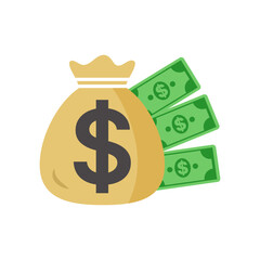 money bag stack dollars currency with bank notes cash isolate on white 