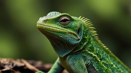 Close-up of a vibrant green lizard.