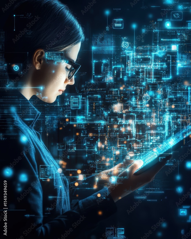 Poster a woman engages with a futuristic digital interface, surrounded by glowing data patterns and technol