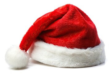 Classic red Santa hat, perfectly isolated on a crisp white background. Ideal for festive designs and holiday projects.