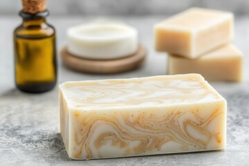 Shea butter enriches natural soap. Natural handmade soap with essential oil and decorative swirls.