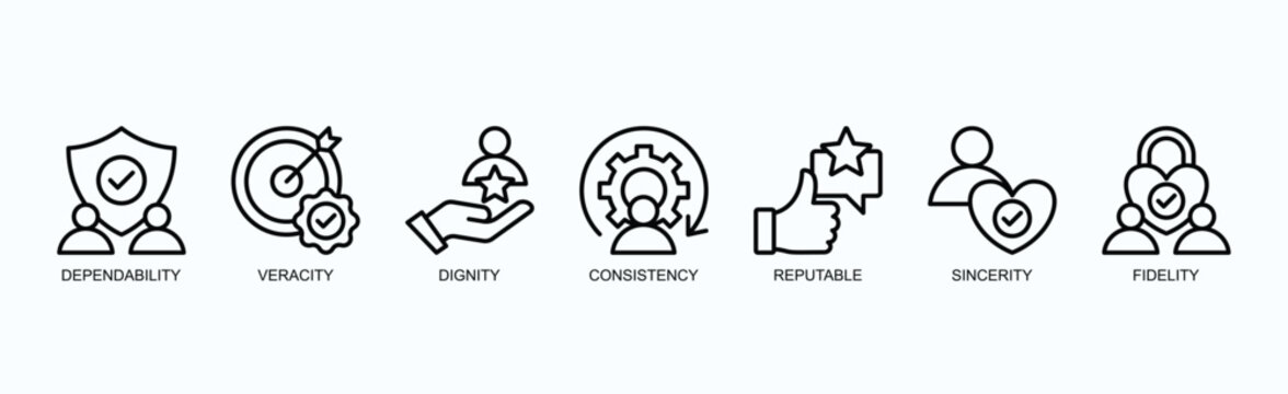 Core Values Of Integrity And Trust Icon Set Isolated Vector Illustration Concept With Icon Of Dependability, Veracity, Dignity, Consistency, Reputable, Sincerity, Fidelity In Outline Style