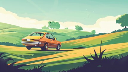 Fototapeta premium Vintage Car on Scenic Golf Course Landscape