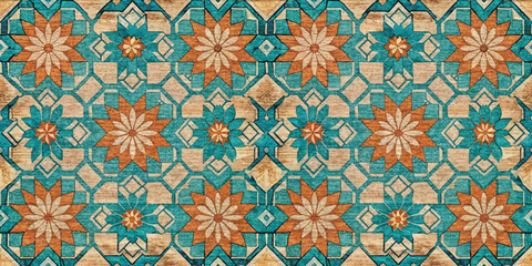 Intricate patterned tile design featuring vibrant orange and turquoise flowers against a textured beige background.