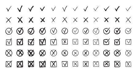Check marks hand drawn doodle set. tick, cross signs for checkbox, checklist, v and x in sketch set.