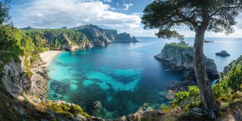 Fototapeta premium Secluded cove with turquoise water, sandy beach, and lush greenery.