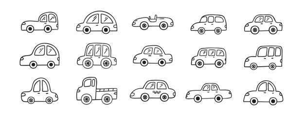 Car doodle hand drawn line icon set. Car drawing outline clipart