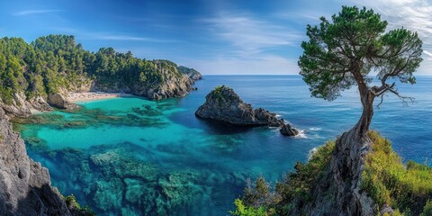 Secluded cove with turquoise water, surrounded by lush greenery and a solitary tree on a cliff.