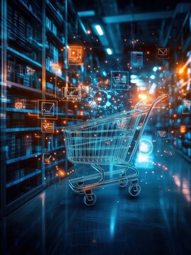 Explore the convergence of digital and physical retail with a shopping cart surrounded by glowing data visualizations, symbolizing the evolution of commerce in a tech-driven world.