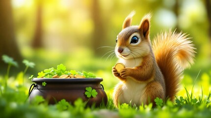 cute squirrel holding gold coin. pot overflowing with coins and clovers in a lush green forest. Ideal for St. Patrick's Day, animals, nature and festive holidays.