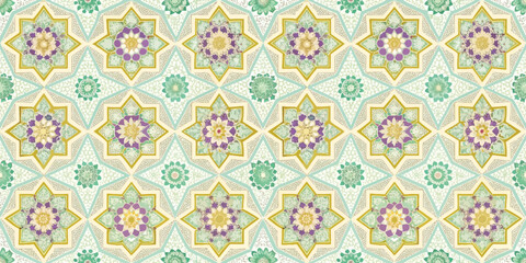 Intricate floral pattern featuring vibrant colors and geometric shapes.