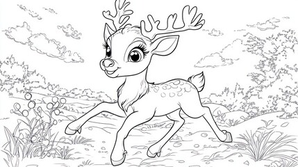 Fototapeta premium Cartoon Reindeer Playing in Meadow - Children's Coloring Book Page