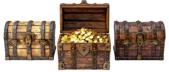 Three antique wooden chests; one open, revealing gold coins.
