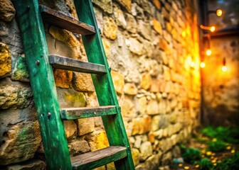 Dreamy bokeh softens a weathered green ladder leaning against an ancient, textured wall.